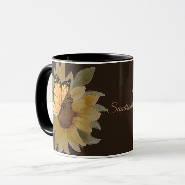 Caneca Borboletas e flores personalizadas de aquarelas (Frente Esquerda)