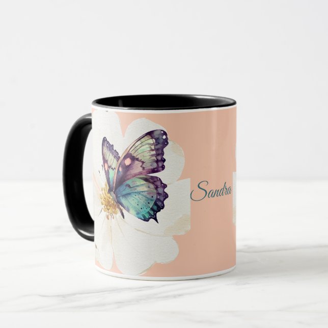 Caneca Borboletas e flores personalizadas de aquarelas (Frente Esquerda)