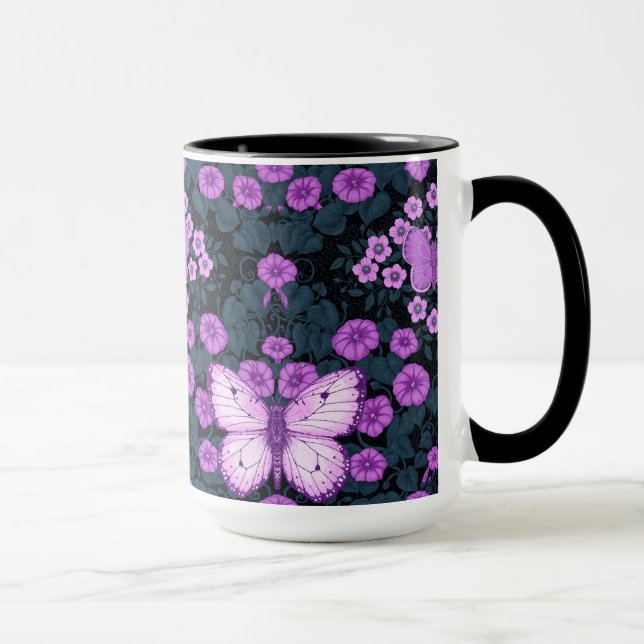 Caneca Borboletas e simetria das flores, violeta e azul (Direita)