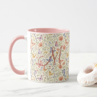 Caneca Borboletas Monograma Florais Aquarela Presente Par