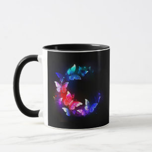 Caneca Borboletas Neon Night brilhantes sobre fundo preto