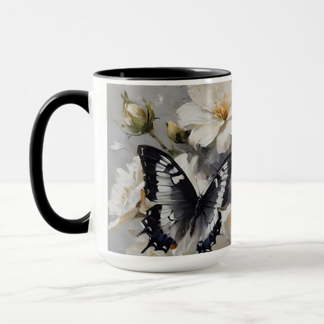 Caneca Borboletas Pretas E Brancas Em Flores Brancas, (Esquerda)