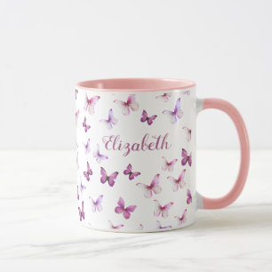Caneca Borboletas Rosa Bonito Nome Personalizado