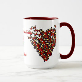 Caneca Borboletas vermelhas e Namorados cardíacos de amor