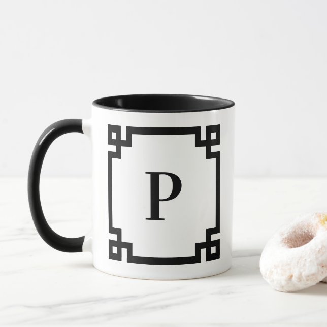 Caneca Borda de Monograma Chave Grega Preta e Branca (Com Donut)