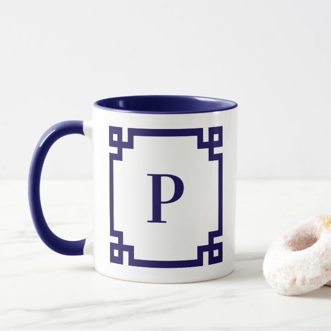 Caneca Borda de Monograma com Chave Grega Azul Escuro (Com Donut)