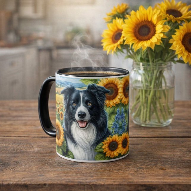 Caneca Border Collie Sunflower Casa de Campo Café (A ceramic mug features a cheerful Border Collie surrounded by golden sunflowers.   Gift Idea )