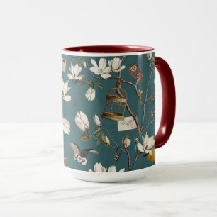Caneca Bosque de Magnólias com Corujas em Azul Turquesa