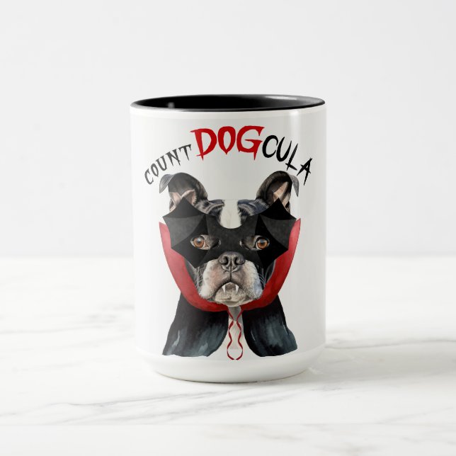 Caneca Boston Terrier Funny Count DOGcula Halloween (Centro)