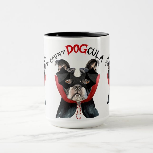 Caneca Boston Terrier Funny Count DOGcula Halloween (Centro)