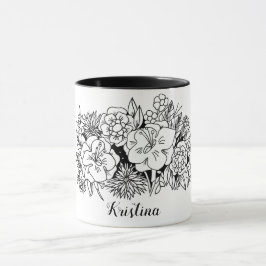 Caneca Botânica Floral Branca Preta com Nome