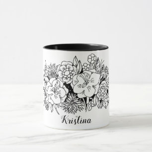 Caneca Botânica Floral Branca Preta com Nome