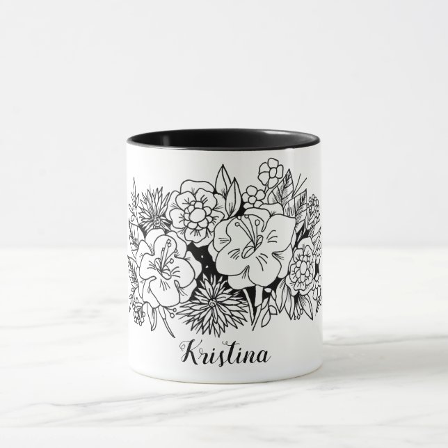 Caneca Botânica Floral Branca Preta com Nome (Centro)