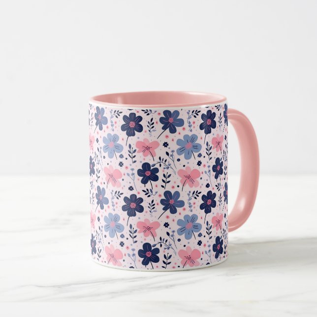 Caneca Botanical Pink And Blue Flowers Nature Print (Frente Esquerda)