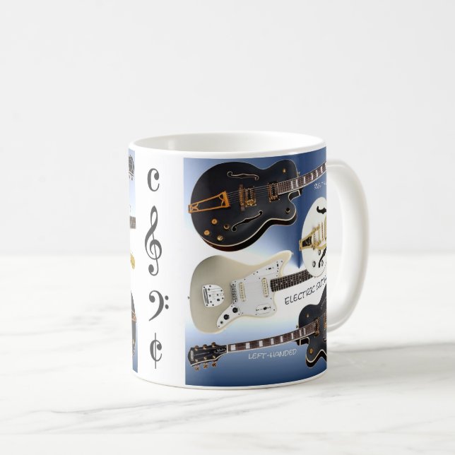 Caneca branca com a decoração bonita das guitarra (Frente Esquerda)