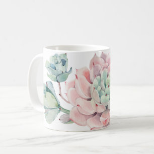 Caneca branca com suculências verdes cor-de-rosa e