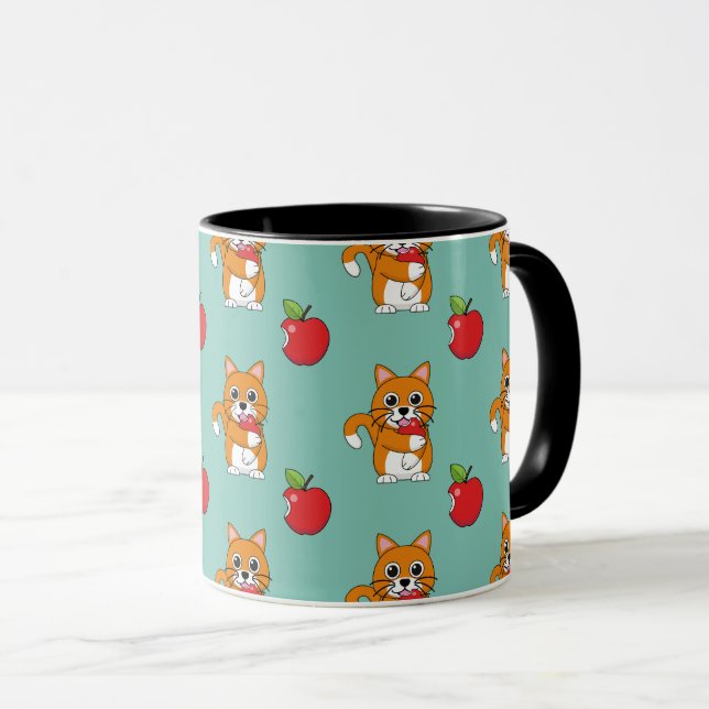 Caneca Branca De Gato Branco, Comendo Maçã Vermelha (Frente Esquerda)