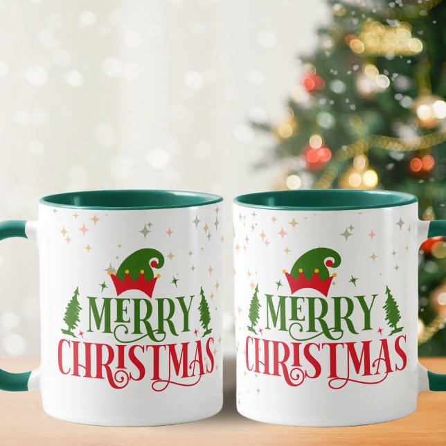 Caneca Branca de Natal Feliz com Chapéu Verde (Criador carregado)