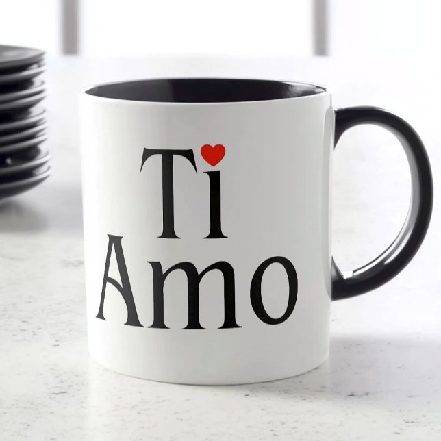 Caneca Branca Ti Amo com Alça Preta e Detalhe de C (Ti Amo Mug with red heart detail - Italian Valentine's Day gift)