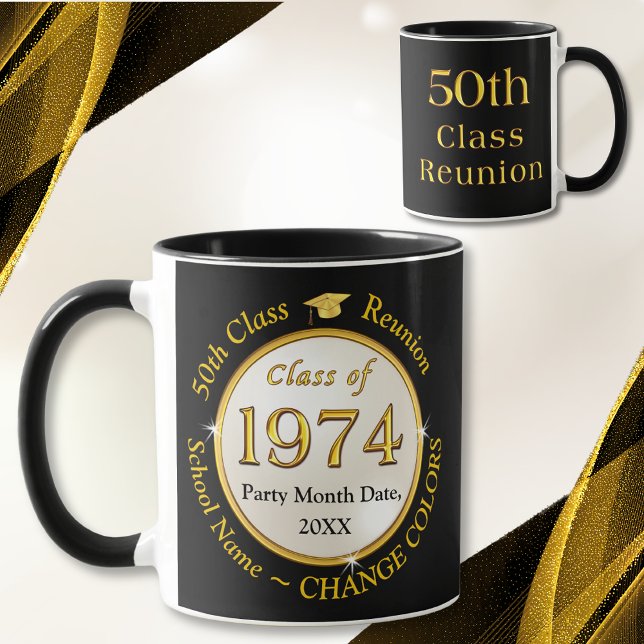 Caneca Branco Dourado negro, Souvenirs de 55 anos de clas (Class of 1974 Reunion. 50 year class reunion souvenirs. Black and Gold. 50th class reunion ideas.)