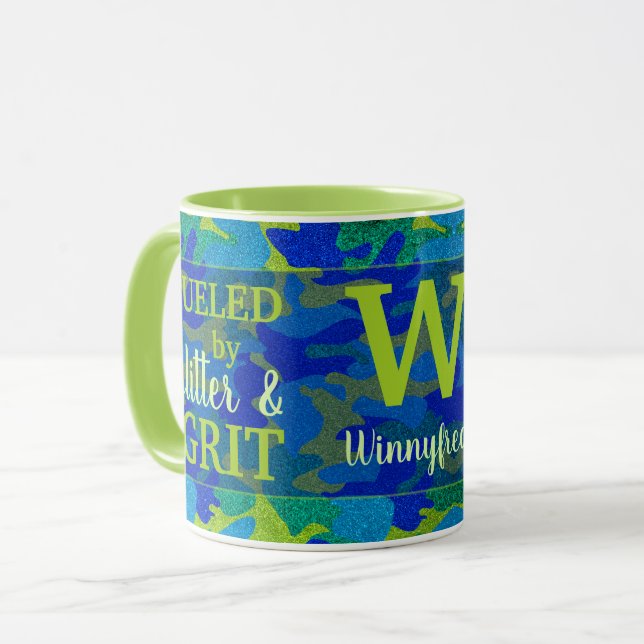 Caneca Bright Blue & Green Camouflage Glitter Camo Name (Frente Esquerda)