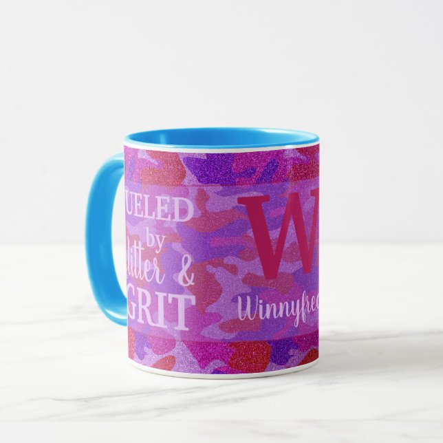 Caneca Bright Pink + Purple Camouflage Glitter Camo Name (Frente Esquerda)