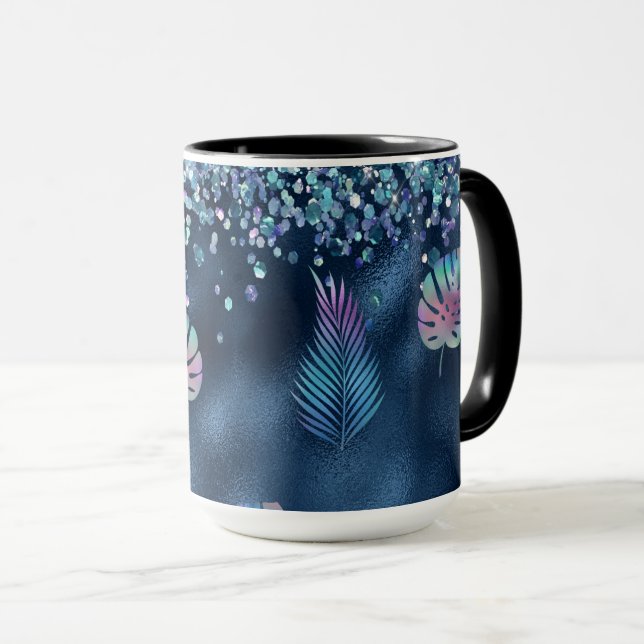 Caneca Brilho Falso Azul & Folhas Combinando (Frente Esquerda)