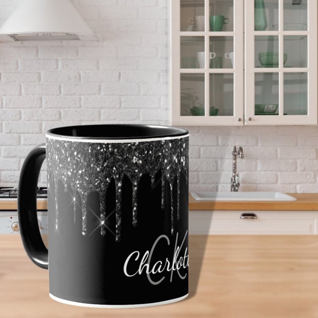 Caneca Brilho preto goteja iniciais de monograma luxo (Criador carregado)