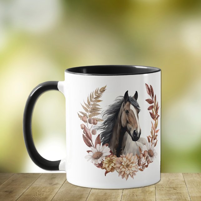 Caneca Brown Grulla Horse Autumn Wreath (Criador carregado)