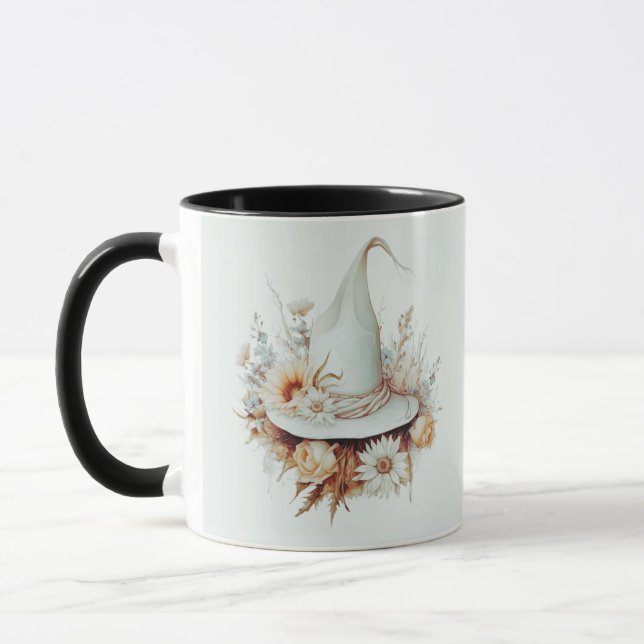 Caneca Bruxa Boho Chapéu Branco e Flores Verde Halloween (Esquerda)