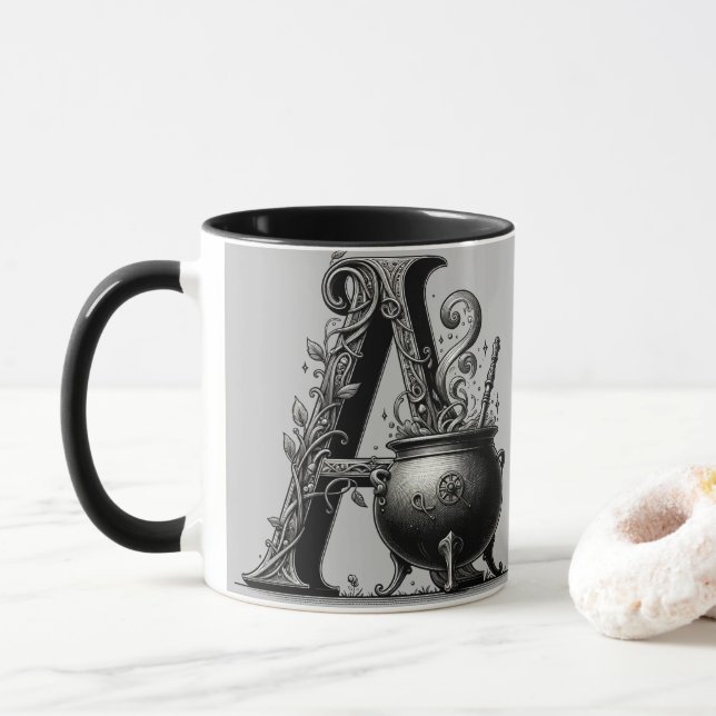Caneca Bruxa Cauldron Witchy - Letra A Personalizada Inic (Com Donut)