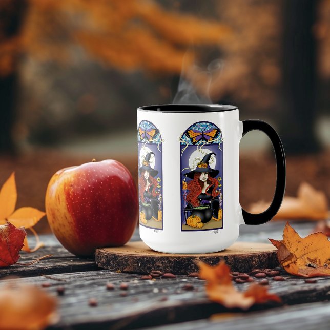 Caneca Bruxa de Outono Art Nouveau Abóboras Lua Roxa (Criador carregado)