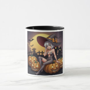 Caneca Bruxa do Halloween Olho Verde no Jack-O-Lantern