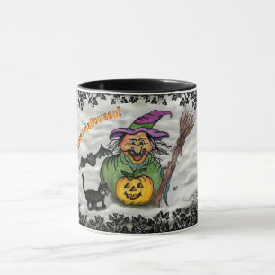 Caneca Bruxa, Gato, Bat e Pumpkin, Feliz Halloween!