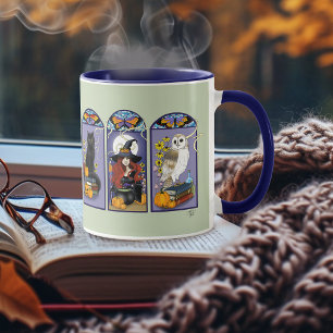 Caneca Bruxa Gótica Gato Preto Coruja Halloween Art Nouve