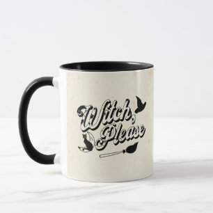 Caneca Bruxa Por Favor, Gato Preto e Vassoura de Hallowee