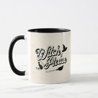 Caneca Bruxa Por Favor, Gato Preto e Vassoura de Hallowee