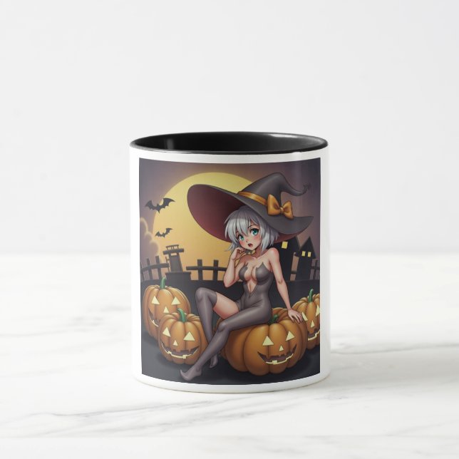 Caneca Bruxa Quente no Pomar de Abóboras de Halloween (Centro)