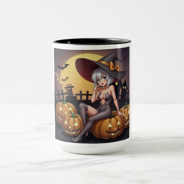 Caneca Bruxa Quente no Pomar de Abóboras de Halloween (Centro)