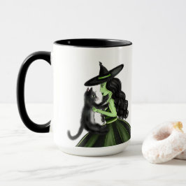 Caneca Bruxa Verde com a Ilustração de Gato Preto