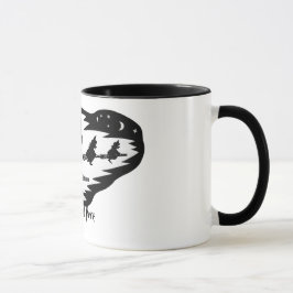 Caneca bruxas negras assustadoras e voadoras sobre vassou
