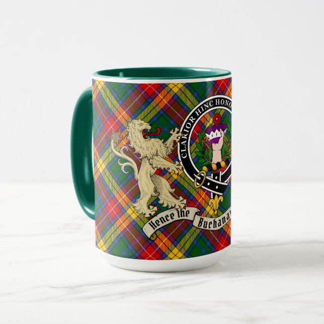 Caneca Buchanan Clan Crachá e Tartan Personalizado Mug (Frente Esquerda)