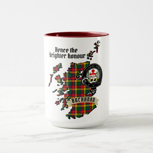 Caneca Buchanan Clan Crachá & Tartan Map da Escócia (Centro)