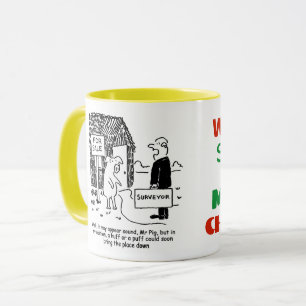 Caneca Building Surveyor olha para a casa do Sr. Pig