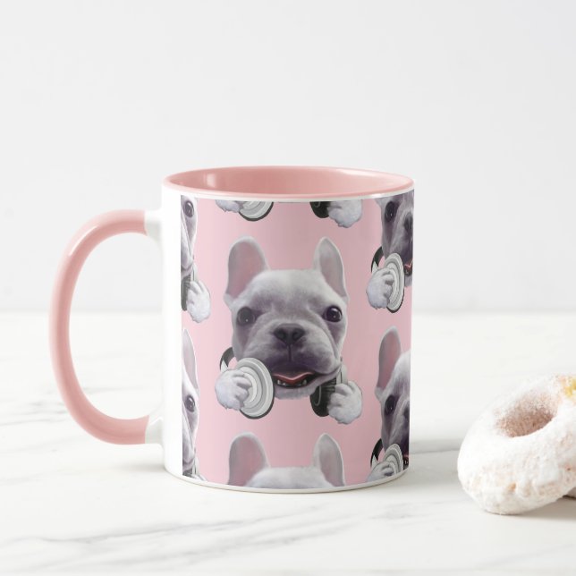 Caneca Bulldog Francês com Ilustração de Fones de ouvido (Com Donut)