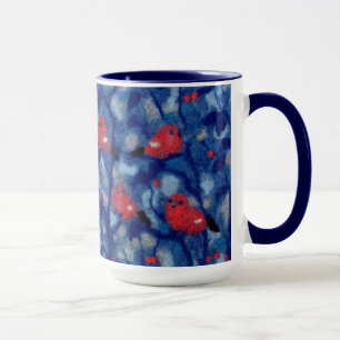 Caneca Bullfinches, pássaros vermelhos árvores da flore