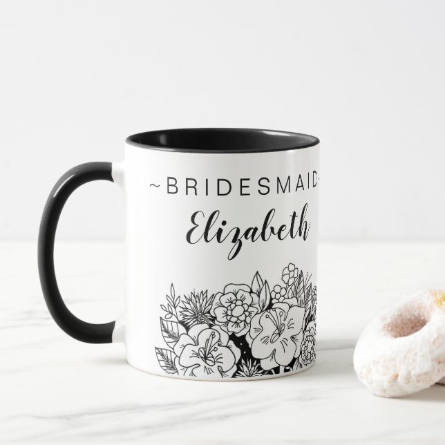 Caneca Buquê de Bridesmaid preto e branco com nome (Com Donut)