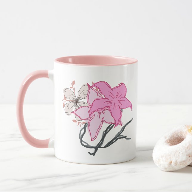 Caneca Buquê de Flores Desenhadas Rosa (Com Donut)
