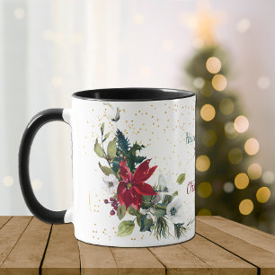 Caneca Buquê de Poinsettia Vermelha Dourado Natal Glitte