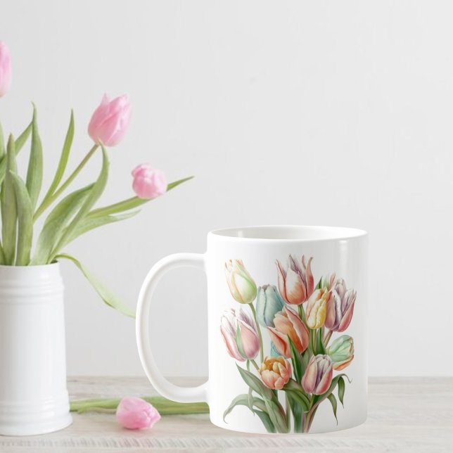 Caneca Buquê de Tulipas de Pastel de Aquarela (Criador carregado)
